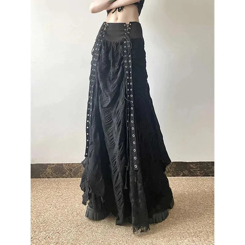 MEXZT Y2K Lace Mesh Long Skirt Women Harajuku Vintage Patchwork Bandage Black Skirts Gothic Aesthetic High Waist Chic Faldas New