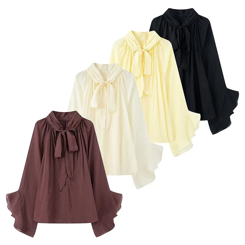 TRAF Perspective Women Shirt 2025 Autumn New Bow Tied Blouse Woman Tops Lady Ruffles Flare Sleeve Loose Elegant Blouses