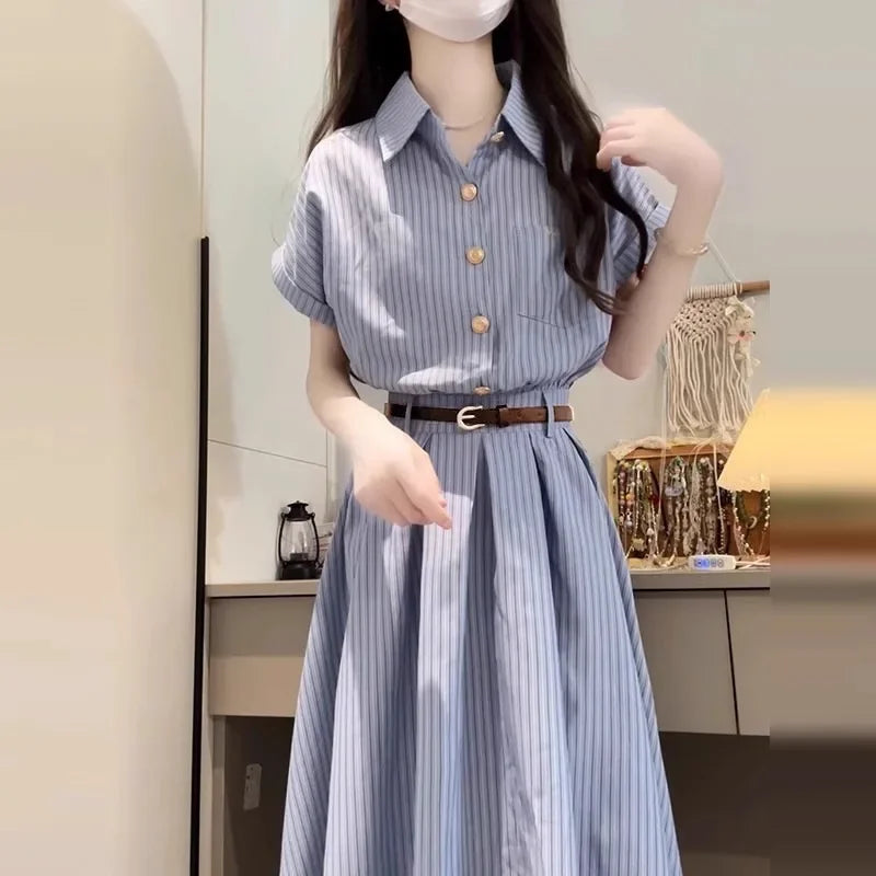 Blue Short Sleeve Shirt Dress Women's Summer Waist Cinched Long Skirt Korean Style College Fashion Polyester Fiber Knee-Length
