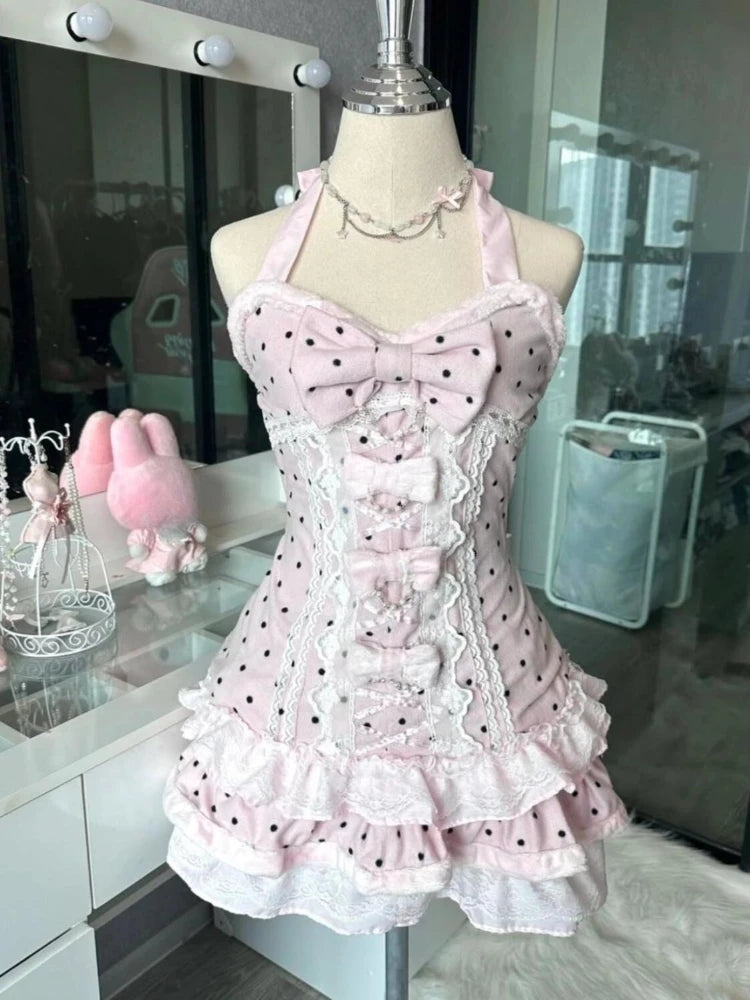 French Style Sweet Cute Polka Dot Splicing Dress Lace Bow Korean Fashion Dresses New Design Slim Waist Lady Y2k Mini Dress