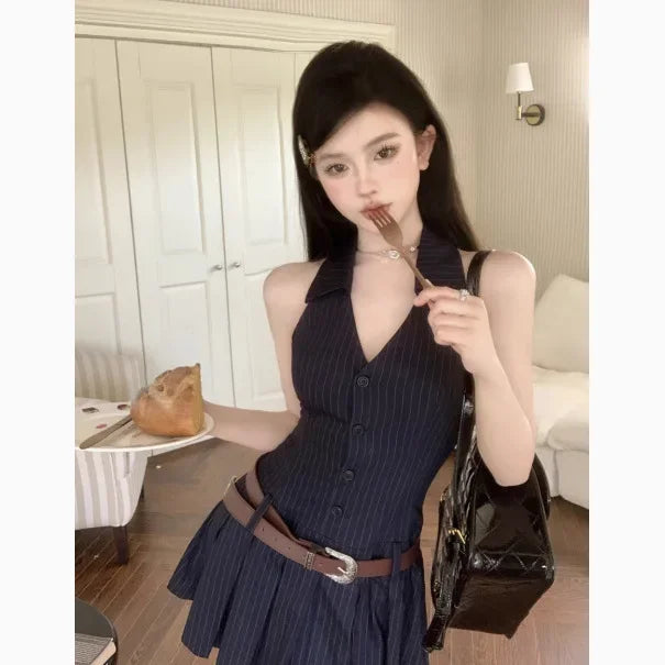 Spicy Girl Sleeveless V-Neck Halter Striped Mini Dress Summer Gored Skirt Backless Short A- Line Skirt Pure Desirable Fashion