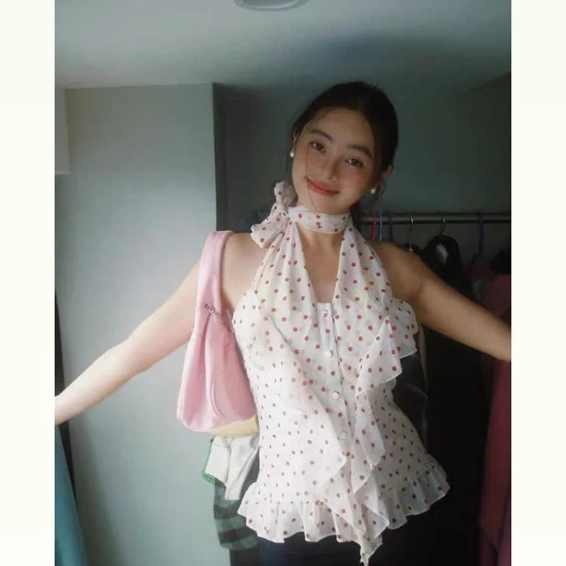 MEXZT Vintage Polka Dots Shirts Women Sexy Cropped Halter Sleeveless Chiffon Blouses Summer Korean Ruffles Print Design Tops New