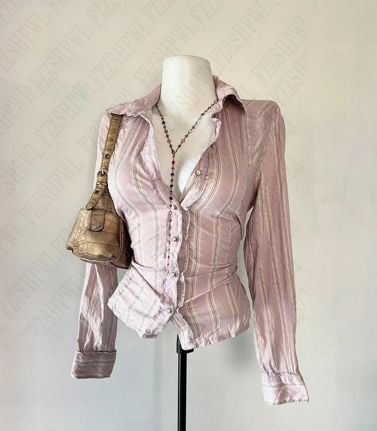 Stripes Hot Girl Maiden Classic Pink Y2K Fashion Woman's Clothing Casual Shirts Harajuku Long Sleeve Vintage Chic Classic Tops
